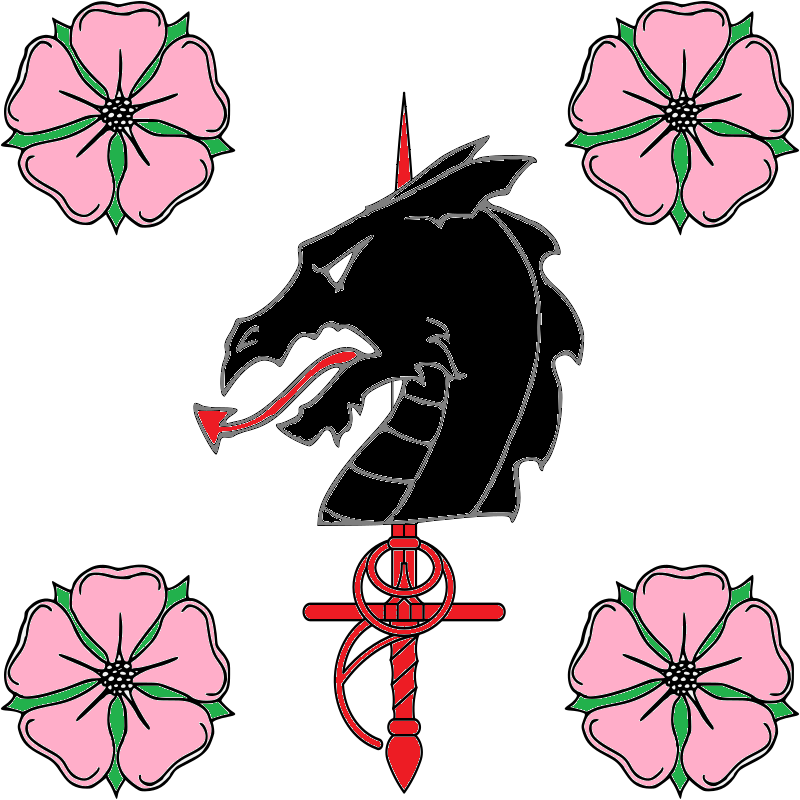 Argent, rapier gules, sable between four wild roses proper. [Rosa acicularis], Dragon's Head couped Sable overall.
