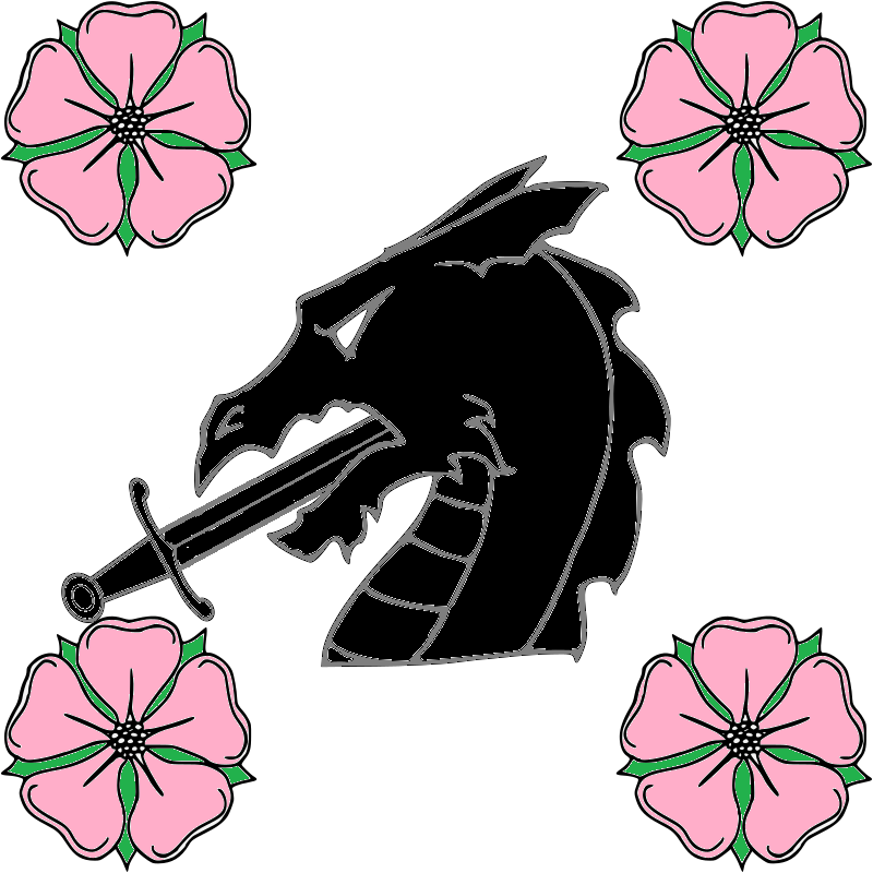 Argent, Dragon's Head Couped impaled sword, sable between four wild roses proper. [Rosa acicularis]