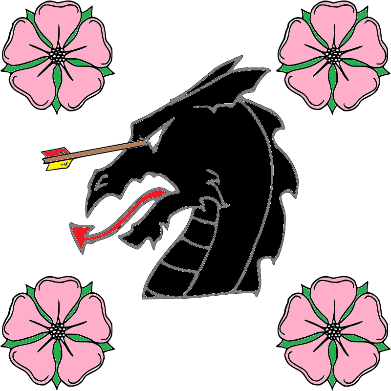 Argent, Dragon's Head couped Sable impaled arrow proper, sable between four wild roses proper. [Rosa acicularis]